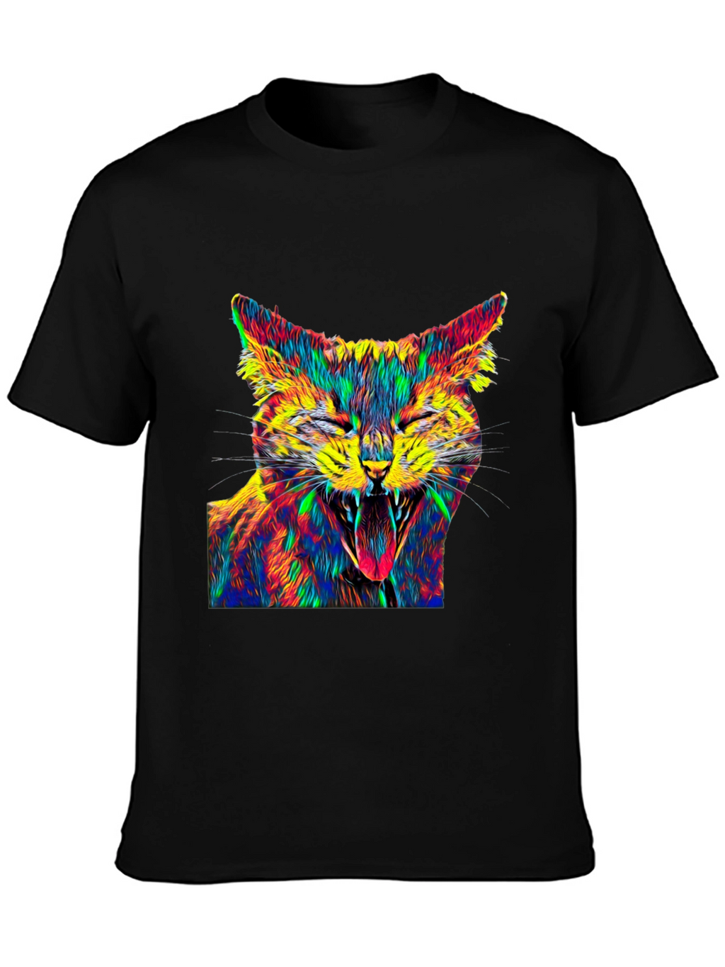 Psychedelic Cat Graphic Tee - Black Cotton T-Shirt