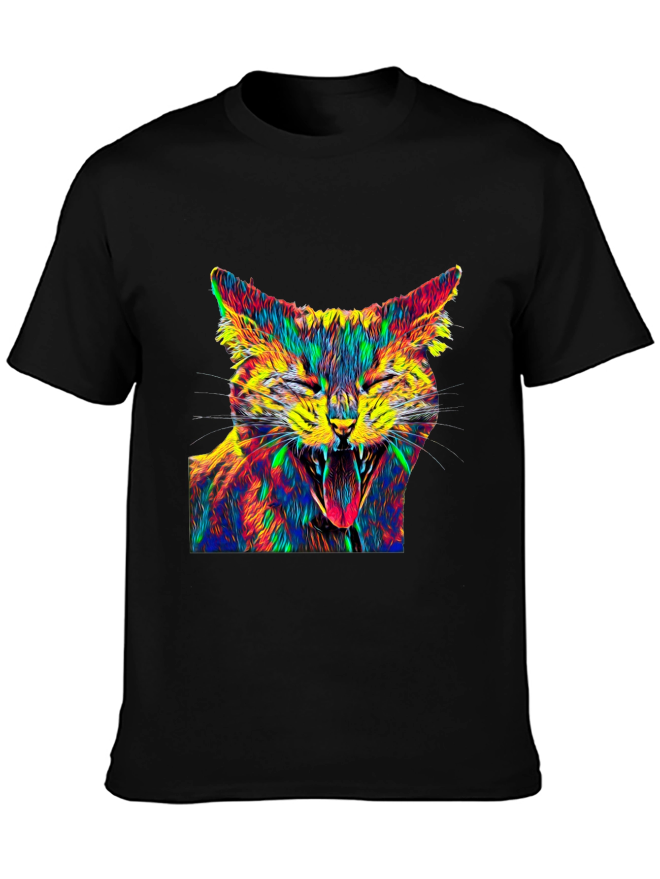 Psychedelic Cat Graphic Tee - Black Cotton T-Shirt