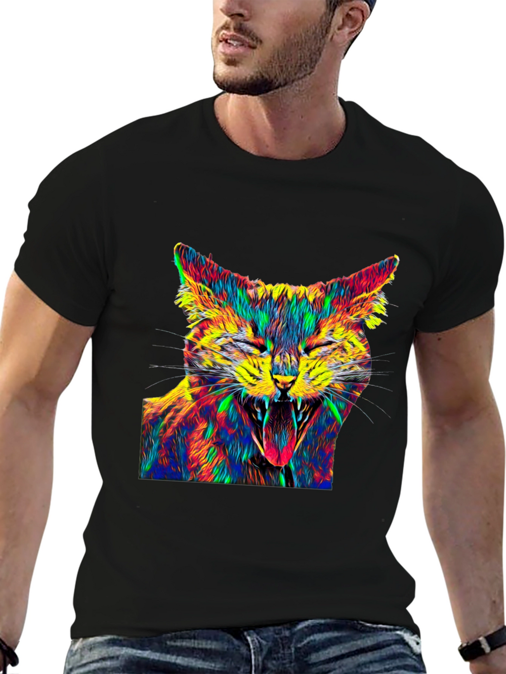 Psychedelic Cat Graphic Tee - Black Cotton T-Shirt