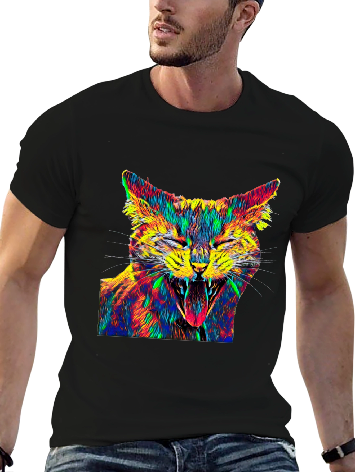 Psychedelic Cat Graphic Tee - Black Cotton T-Shirt