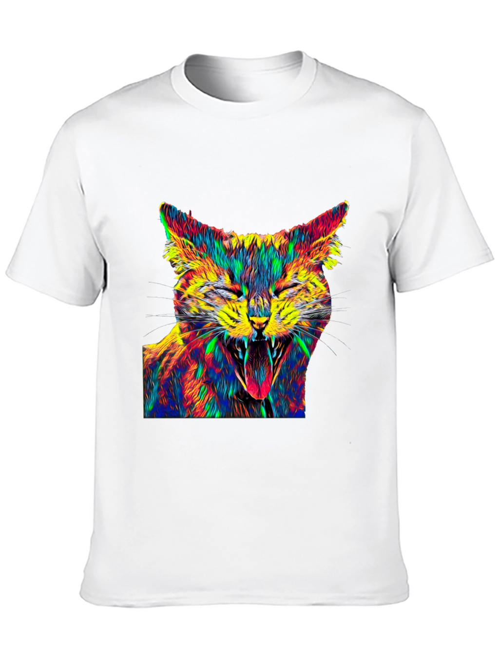 Psychedelic Cat Graphic Tee - Black Cotton T-Shirt