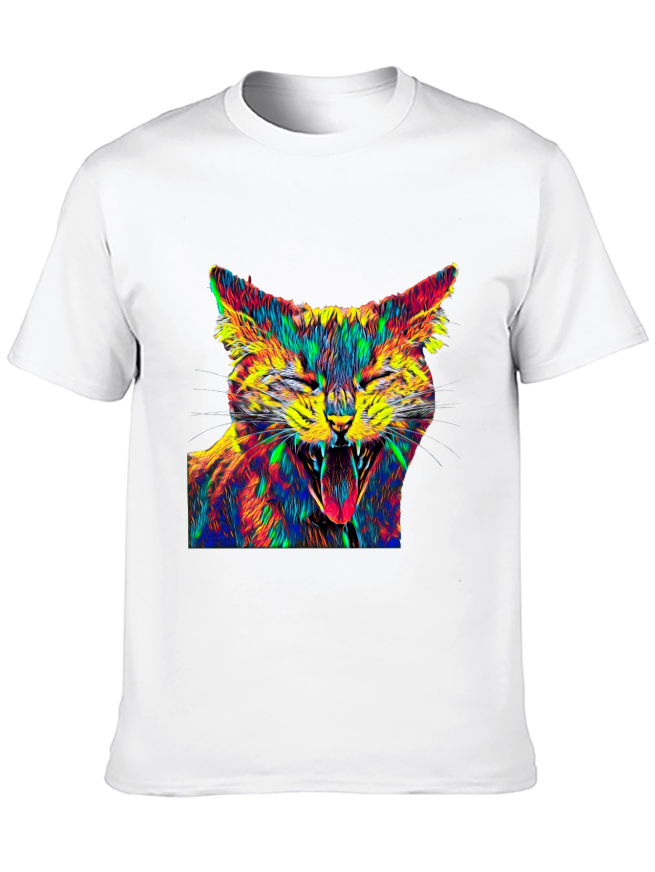Psychedelic Cat Graphic Tee - Black Cotton T-Shirt