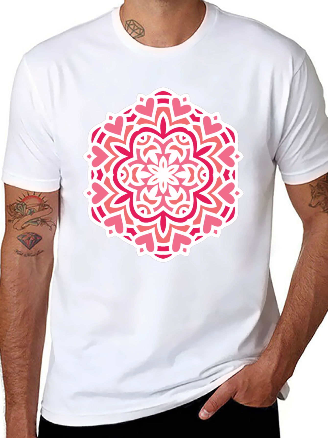 Heart Mandala Graphic Tee - Black Cotton Casual Shirt