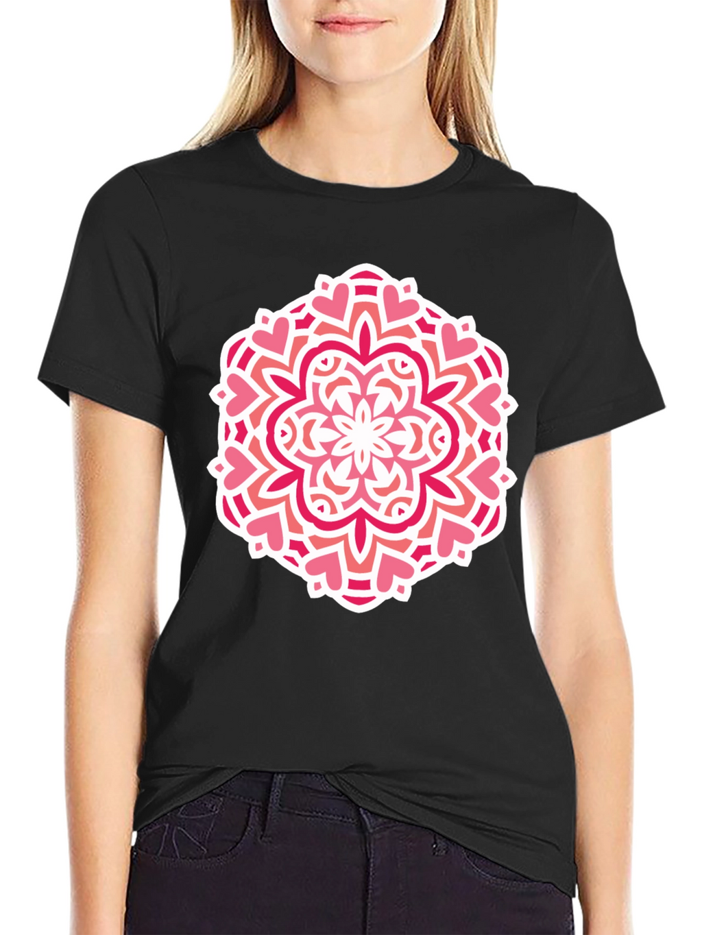 Heart Mandala Graphic Tee - Black Cotton Casual Shirt