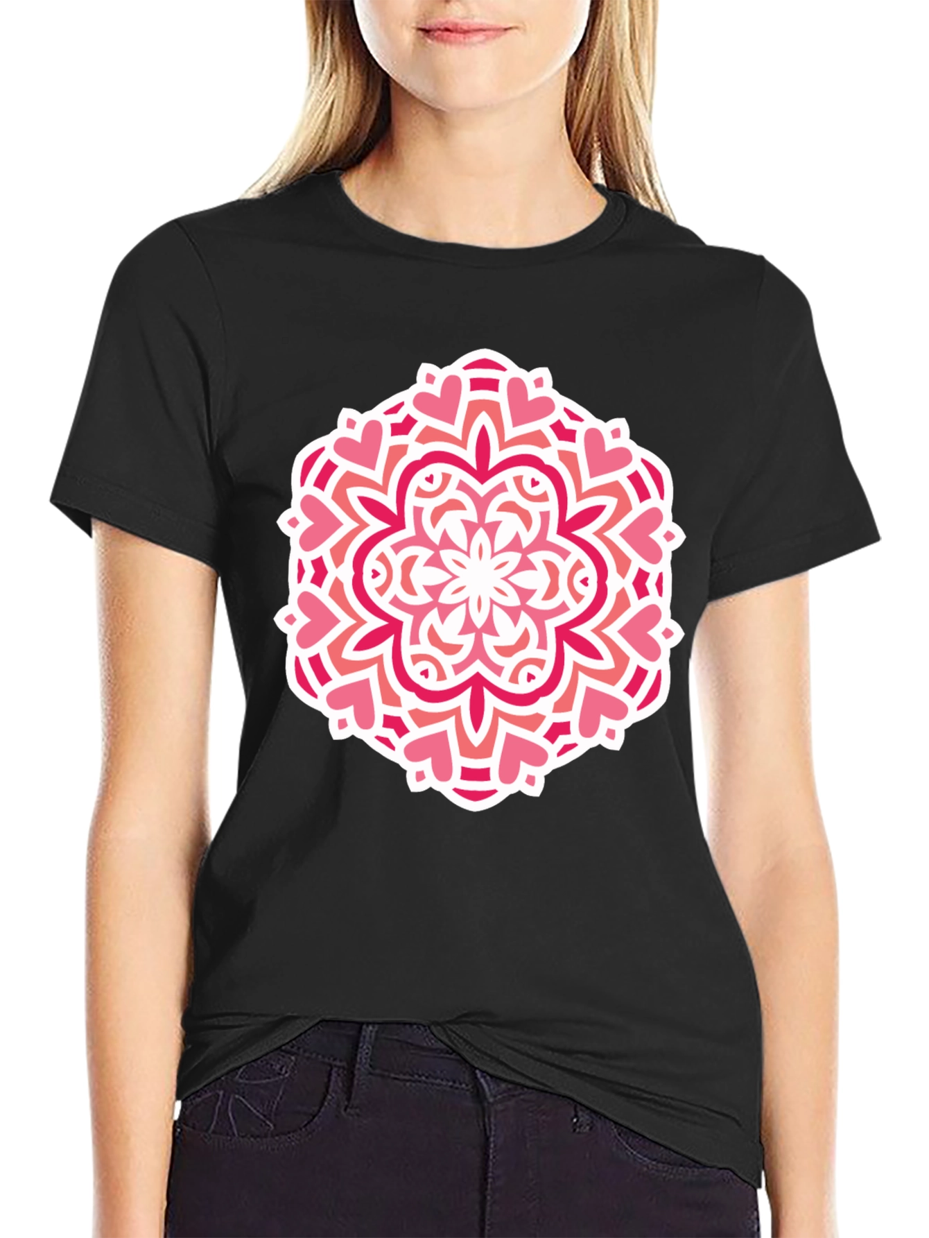 Heart Mandala Graphic Tee - Black Cotton Casual Shirt