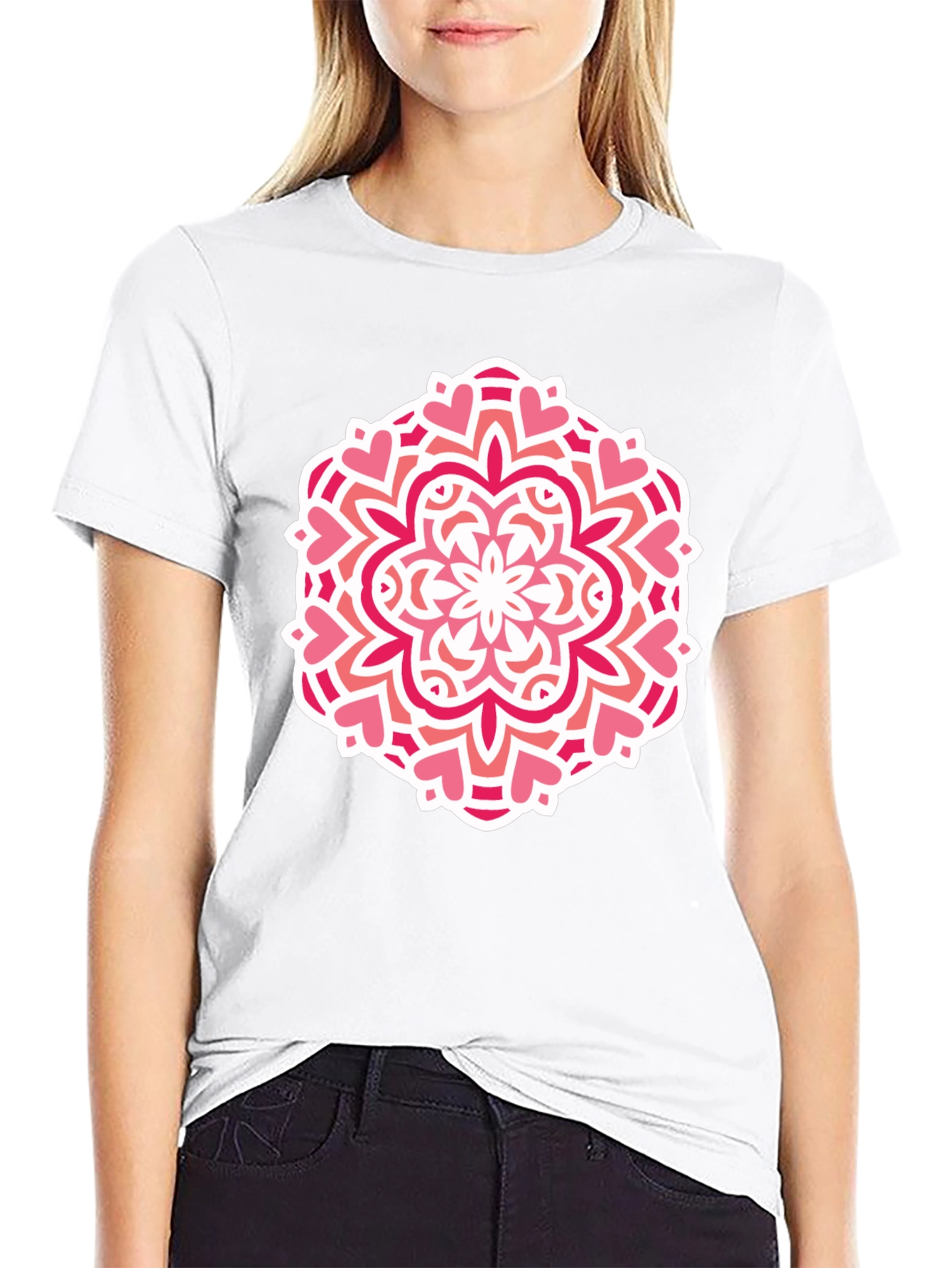 Heart Mandala Graphic Tee - Black Cotton Casual Shirt