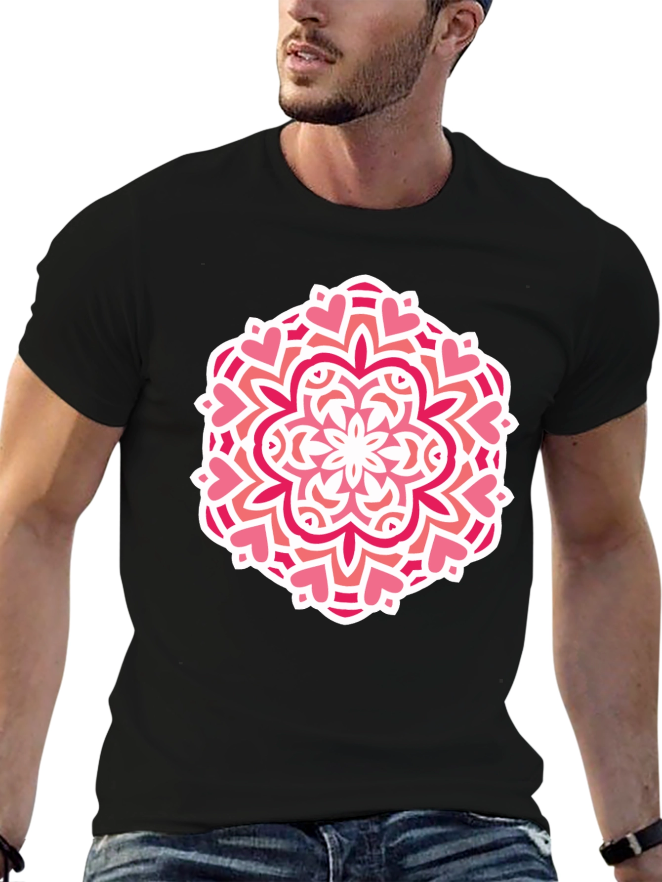 Heart Mandala Graphic Tee - Black Cotton Casual Shirt