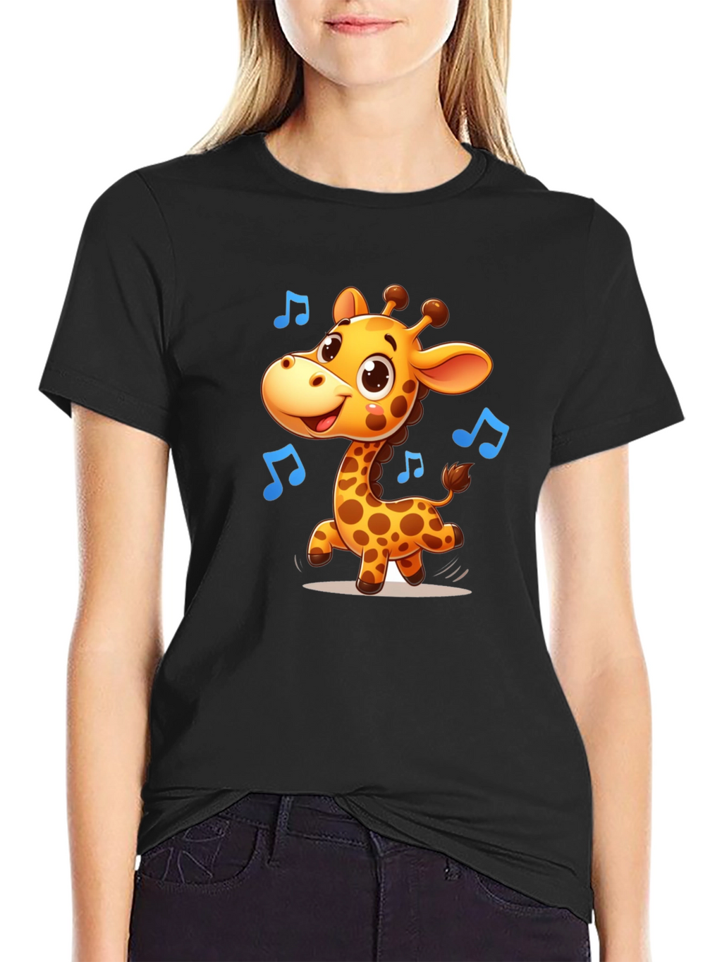 Cute Giraffe Music T-Shirt - Black