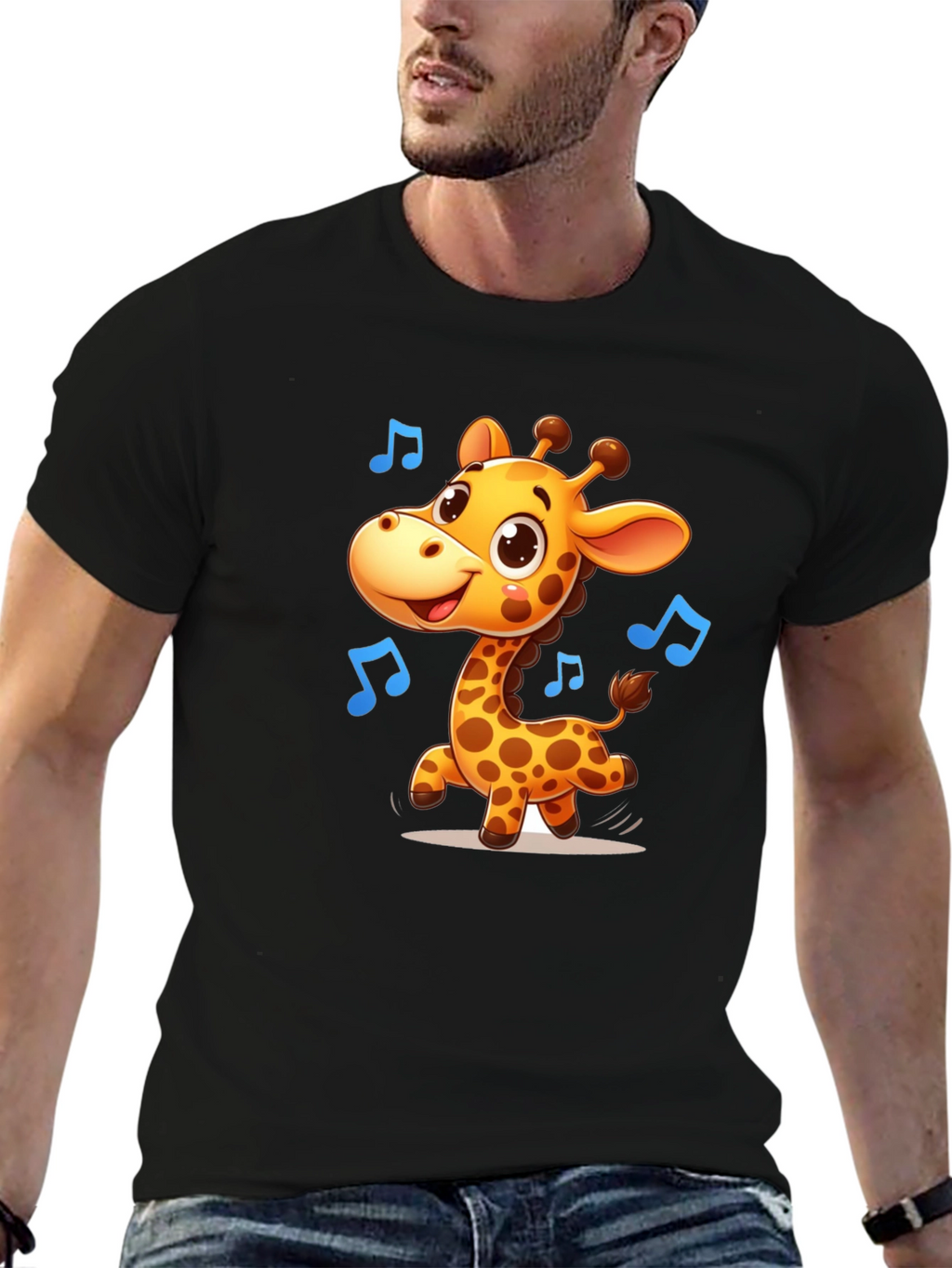 Cute Giraffe Music T-Shirt - Black