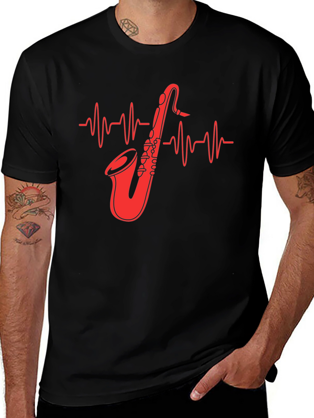 Saxophone Heartbeat Graphic Tee - Music Lover Shirt