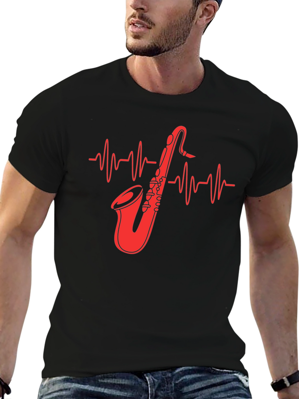 Saxophone Heartbeat Graphic Tee - Music Lover Shirt