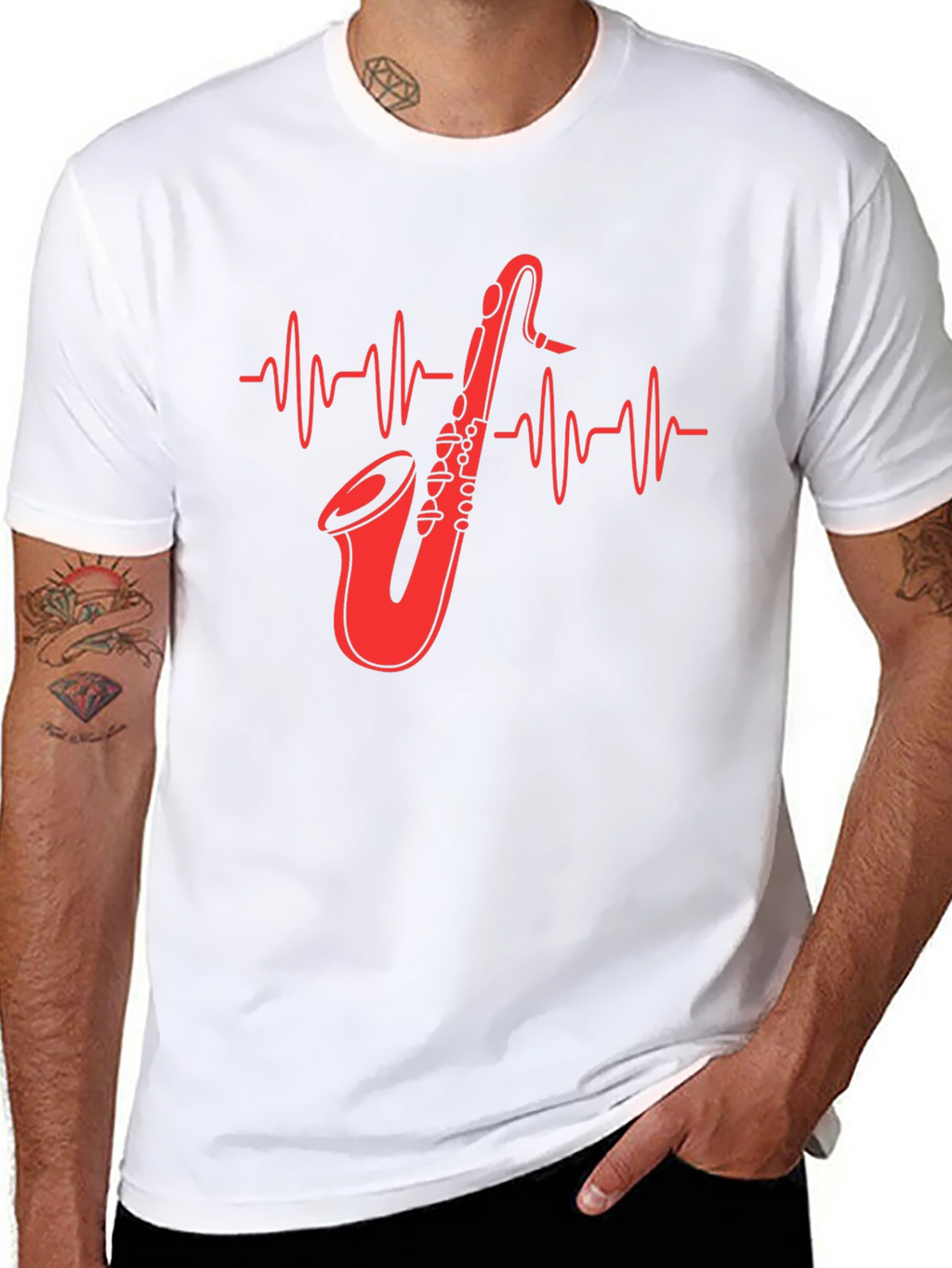 Saxophone Heartbeat Graphic Tee - Music Lover Shirt