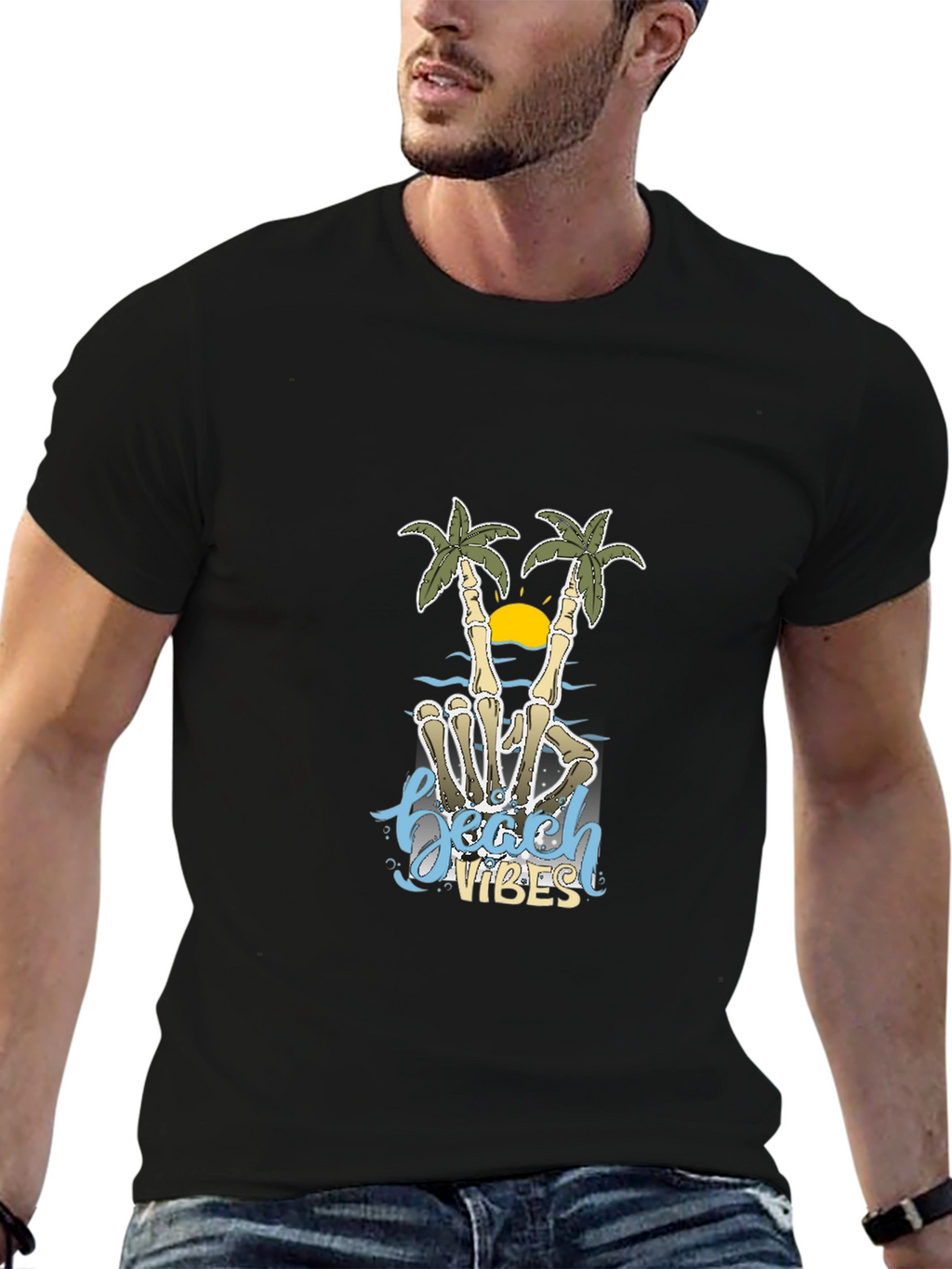 Beach Vibes Skeleton Hand Palm Tree T-Shirt