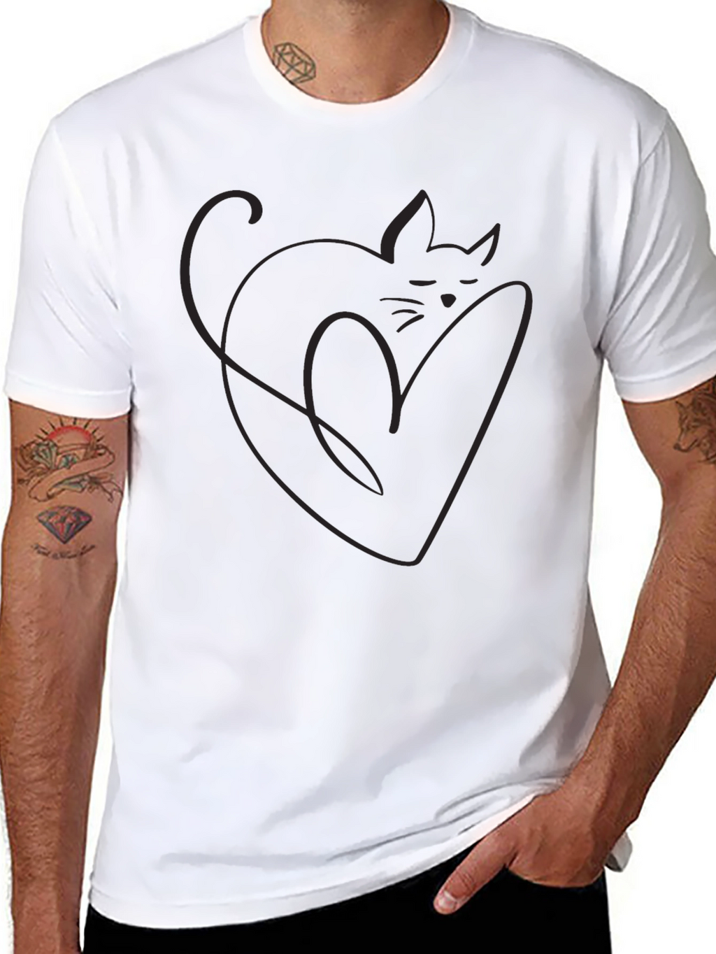 Minimalist Cat Heart Outline Black T-Shirt