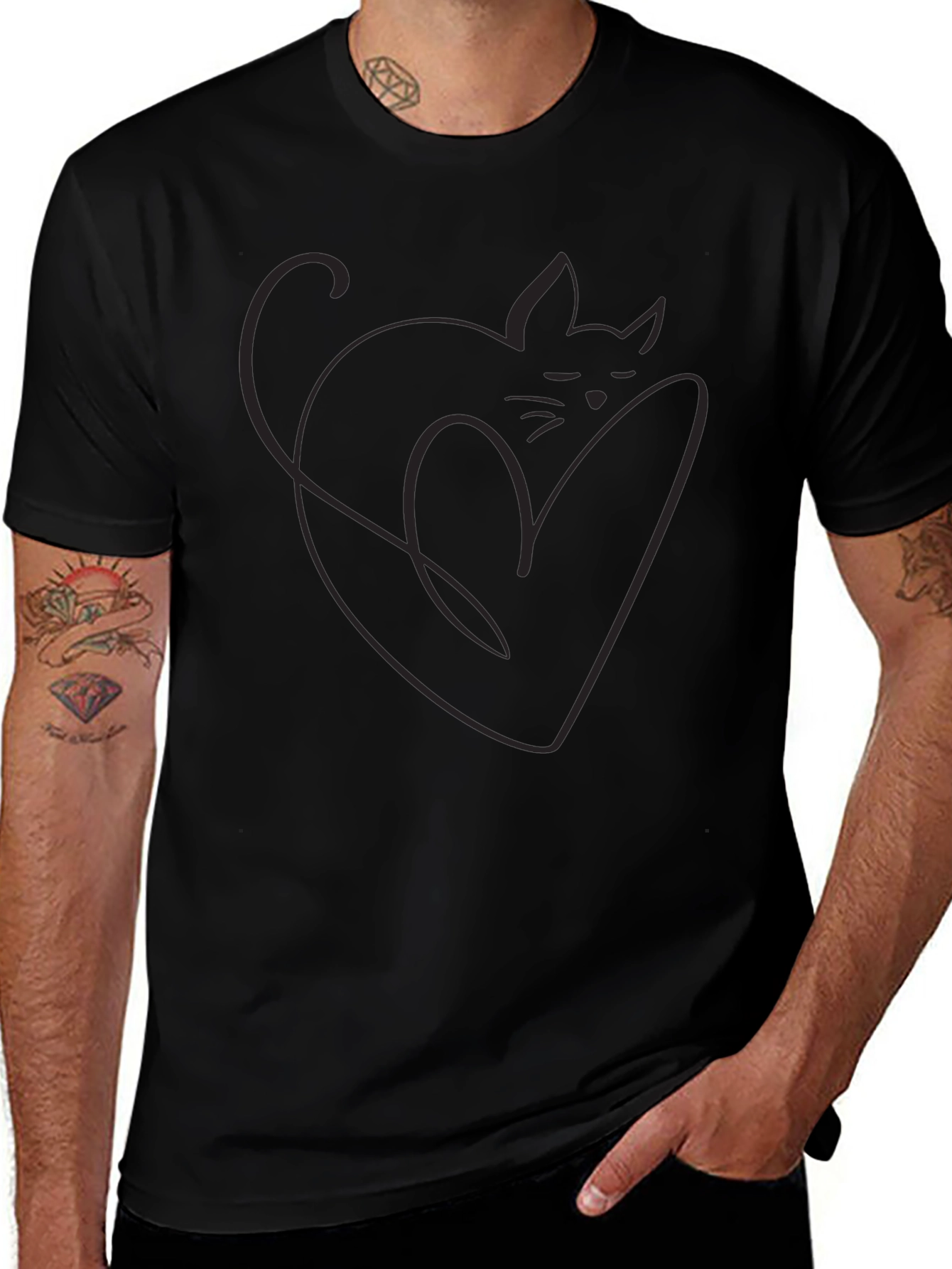 Minimalist Cat Heart Outline Black T-Shirt