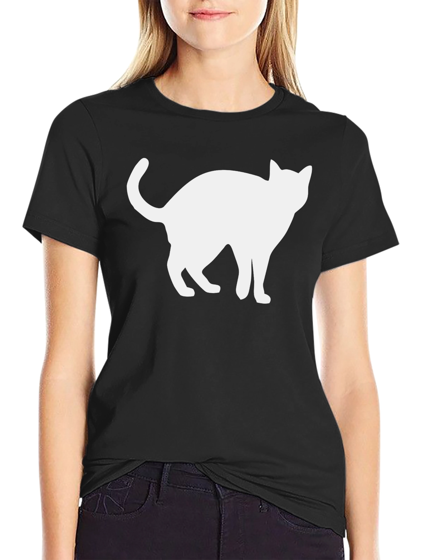 Cool Cat Silhouette Graphic Tee - Black Cotton Shirt