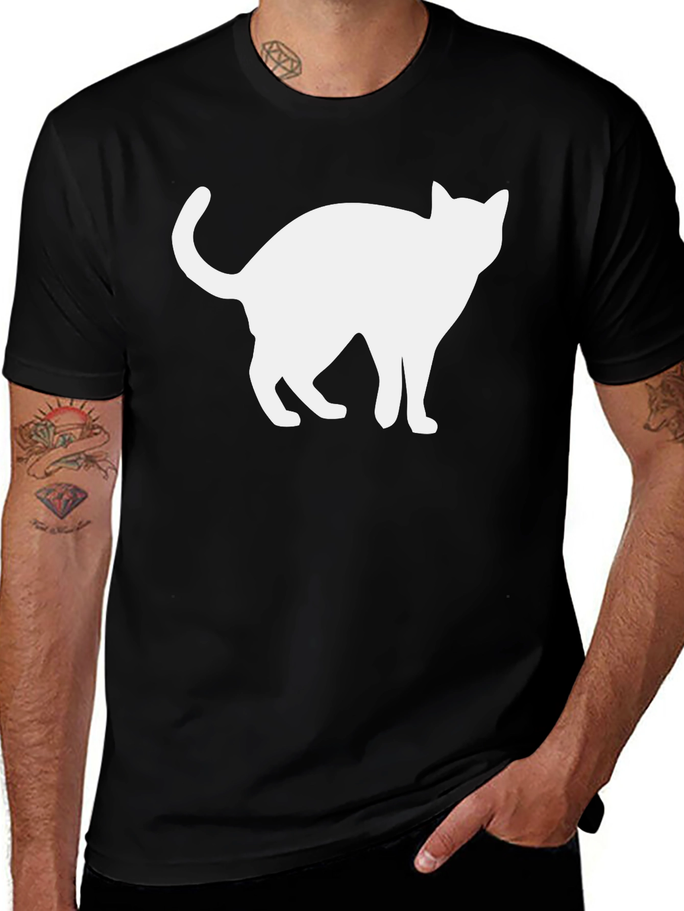 Cool Cat Silhouette Graphic Tee - Black Cotton Shirt