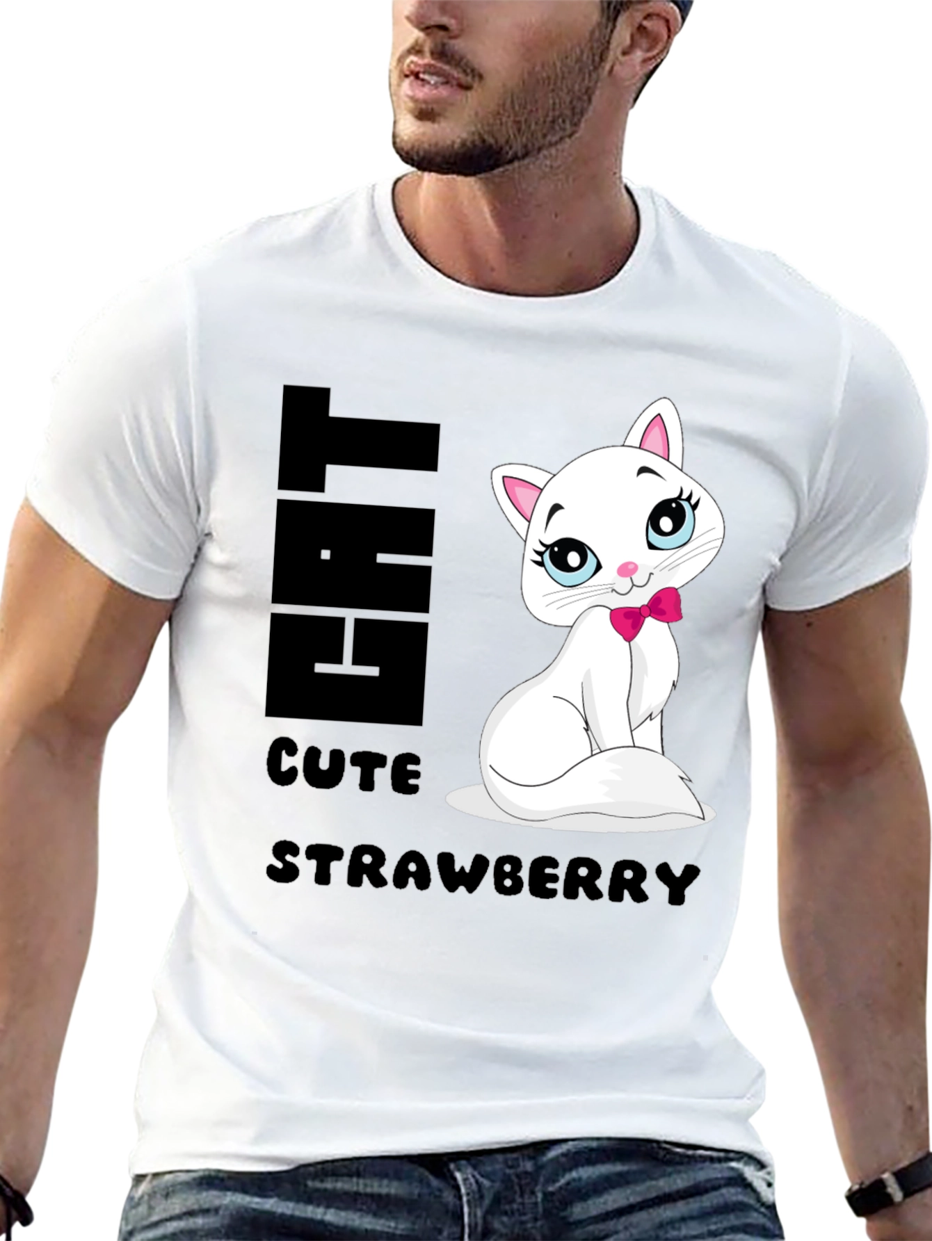 Cute Cat Strawberry Graphic Print Tee