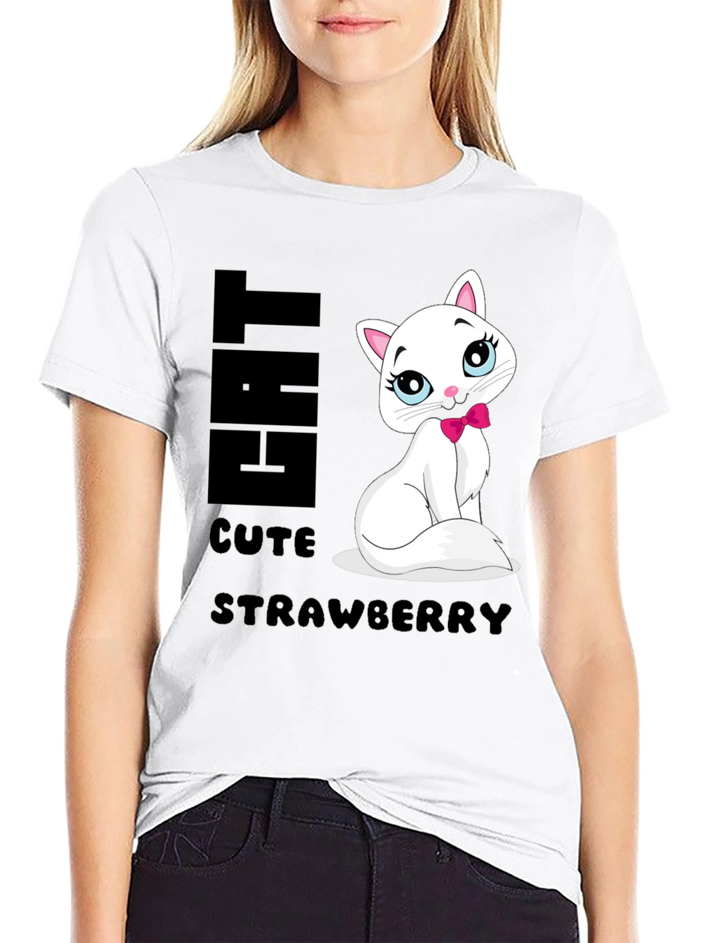 Cute Cat Strawberry Graphic Print Tee