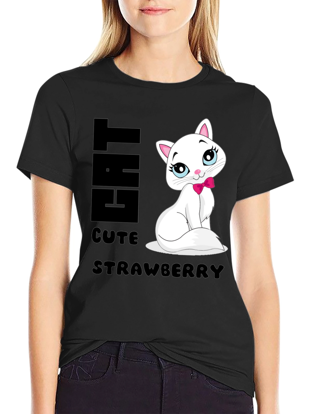 Cute Cat Strawberry Graphic Print Tee