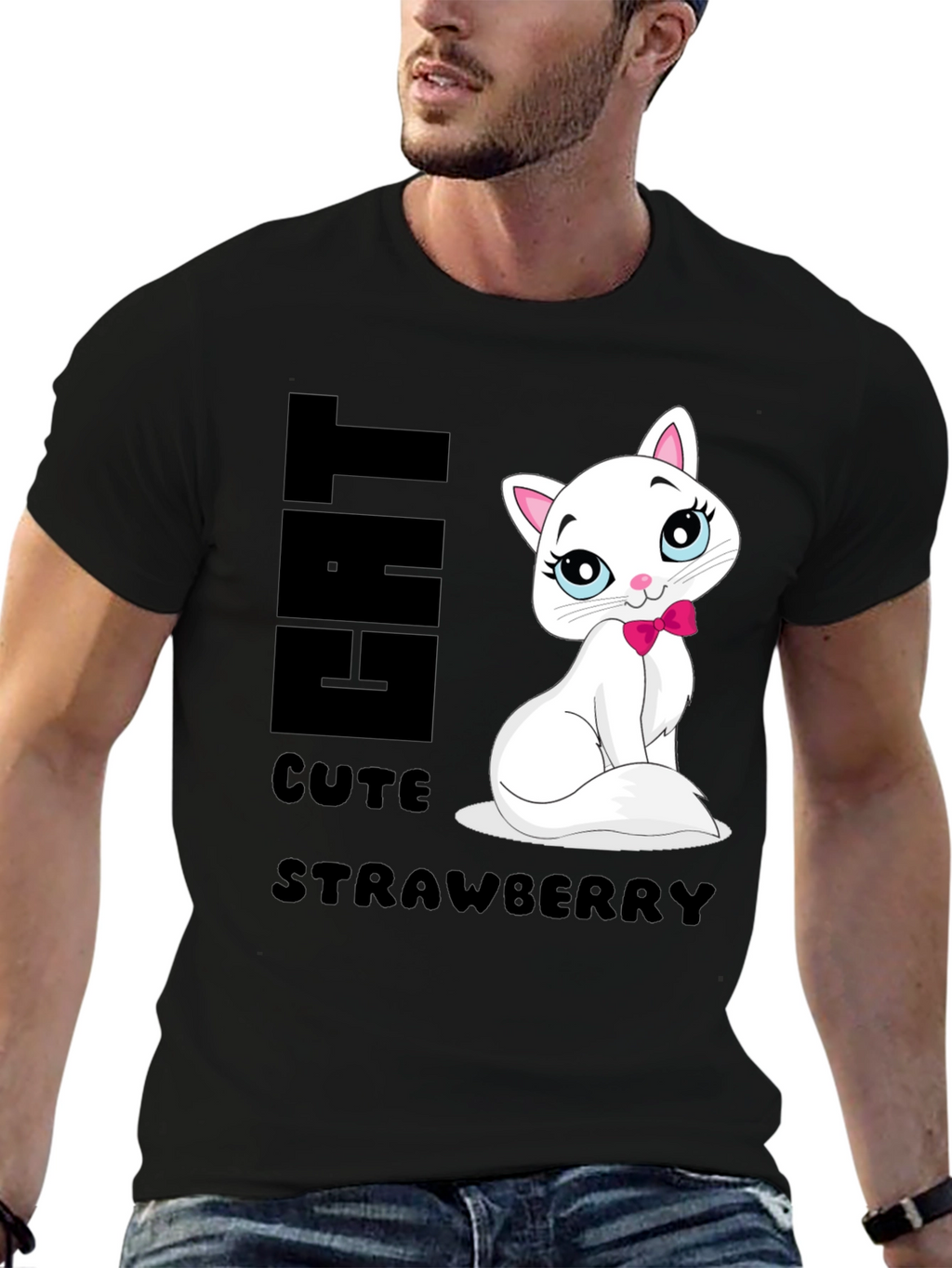 Cute Cat Strawberry Graphic Print Tee